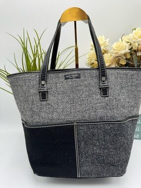 Kate Spade Vintage Dot Noel Gray Wool Felt Box Tote Bag with Black Leather Trim